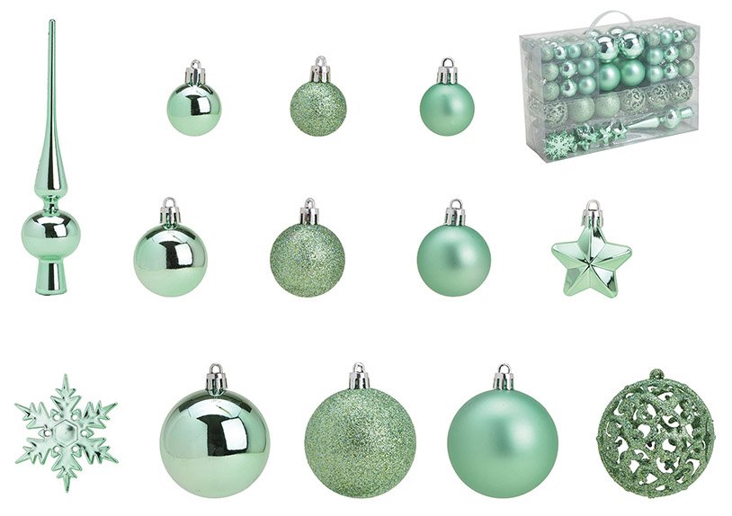 Set di palline di Natale in plastica verde menta Set di 111, (c/h/d) 23x35x12cm Ø 3/4/6 cm