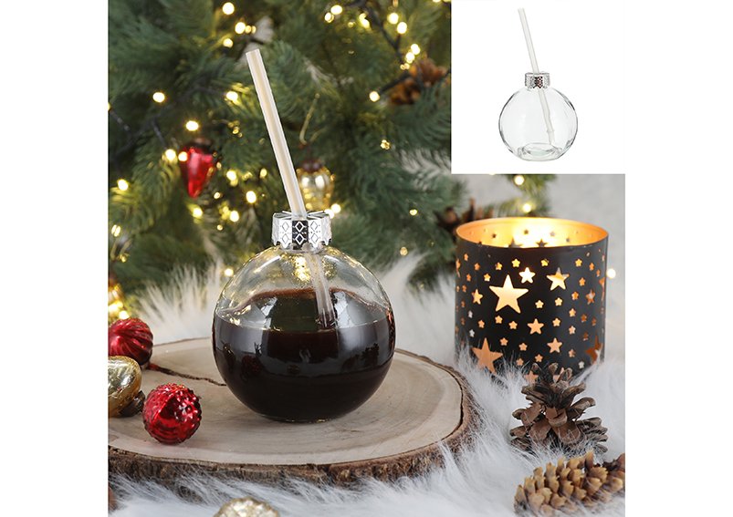 Drinking glass Christmas tree ball with drinking straw made of glass transparent (W/H/D) 10x11x10cm 400ml