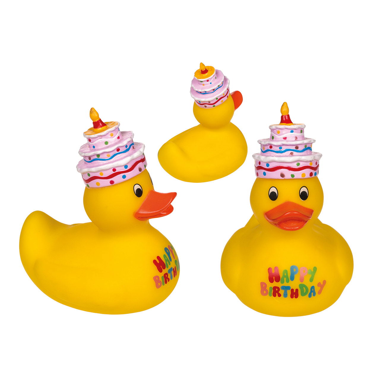 Squeaky ducks, Happy Birthday, made of plastic yellow (W/H/D) 6x10x6cm