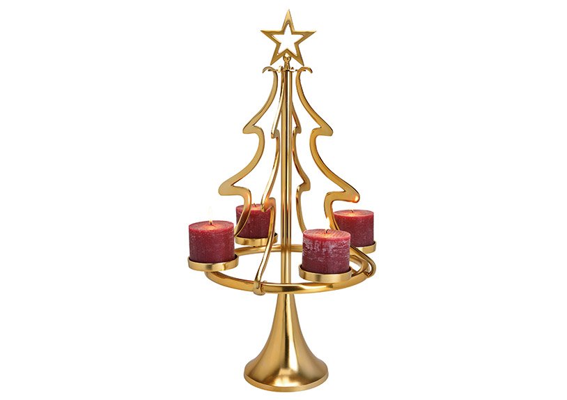 Tealight holder, Advent arrangement fir tree for 4 candles made of metal gold (W/H/D) 48x86x48cm