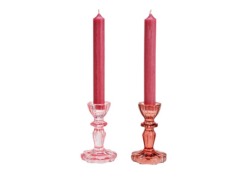 Kerzenhalter aus Glas Pink/Rosa 2-fach, (B/H/T) 7x11x7cm