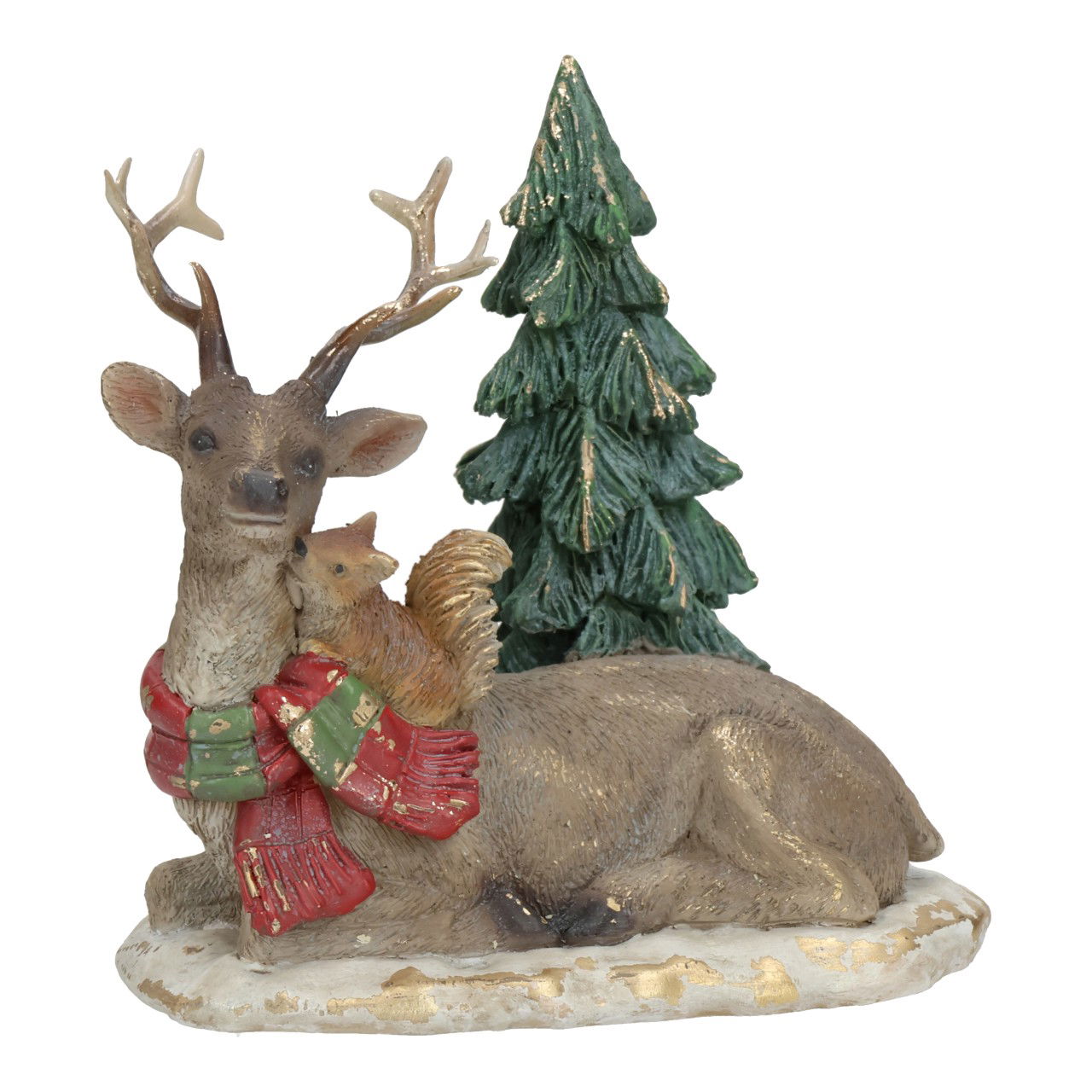 Cerf avec sapin/écureuil en poly, Coloré (L/H/P) 13x11x9cm Hirsch, Säugetier, Tierwelt, Weihnachtsdekorationen, Festival