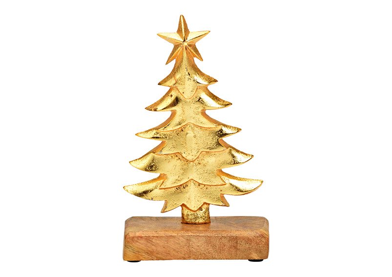 Kerstboom op mango houten sokkel, metaal goud (w/h/d) 13x21x5cm