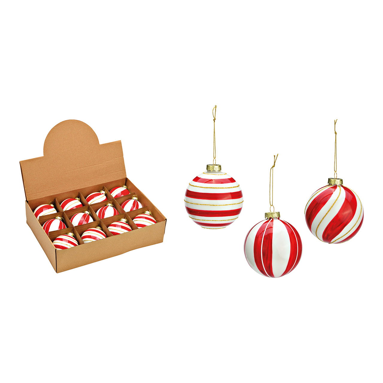 Boule de Noël en verre, triple, rouge/blanc Ø8cm Boule de Noël en verre, triple, rouge/blanc Ø8cm