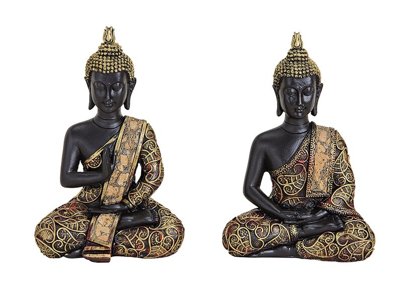 Boeddha in zwart/goud gemaakt van poly, 2 assorti, B10 x D5 x H15 cm