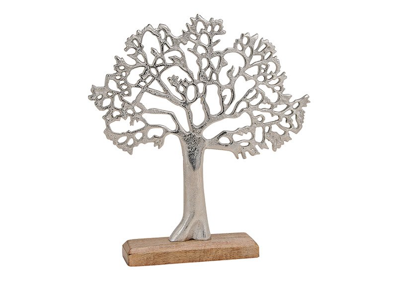 Tree made of metal, on mango wood base, silver, brown, 30x33x5cm