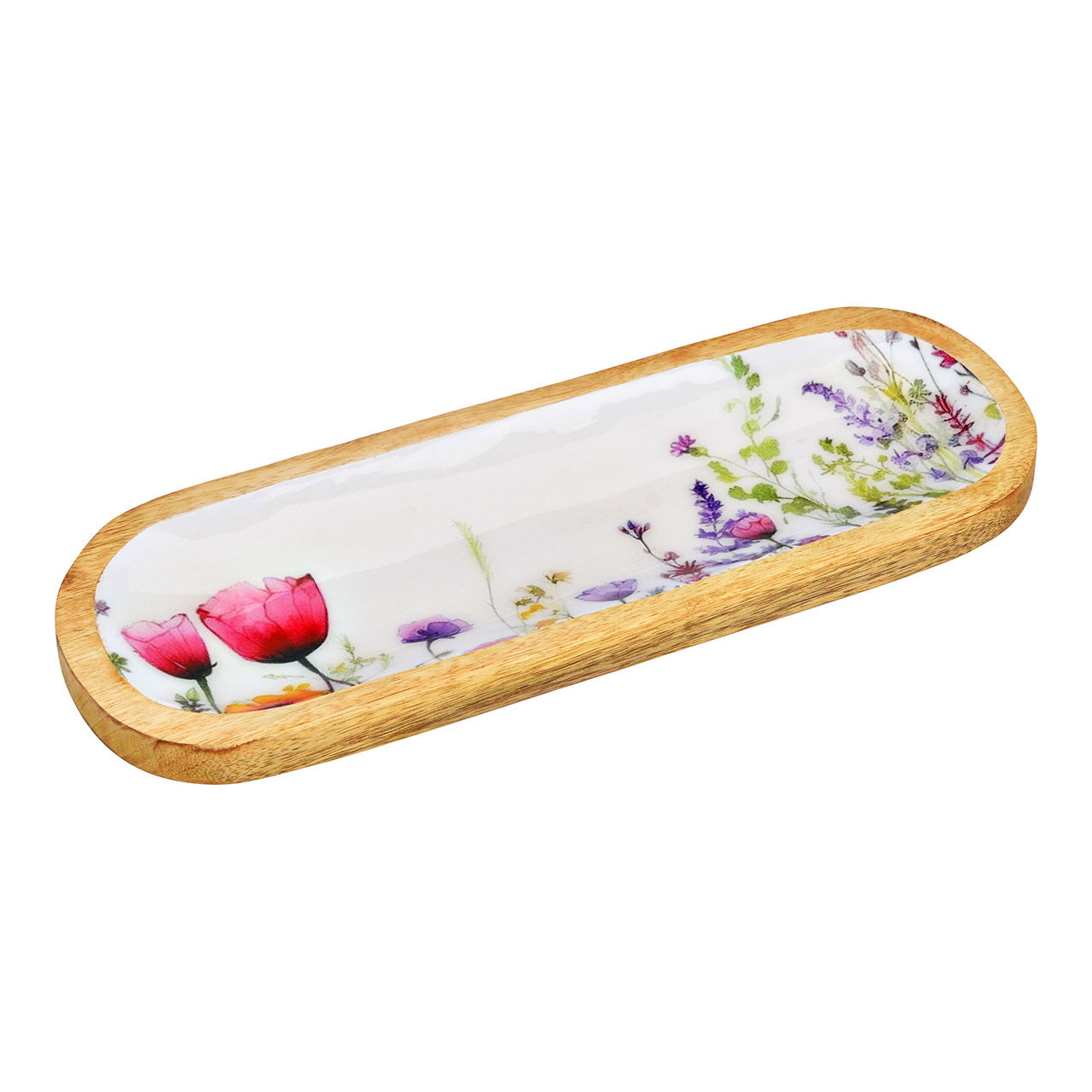 Piatto decorativo in legno di mango, fiori, colorato (L/H/D) 34x3x12cm Töpferei, Kunst, Porzellan