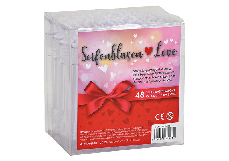 Heart tube soap bubble for wedding, set of 48 pcs, pe+ps, dia 1cm, h 10,3cm, bottle h 8,9cm, 4,5ml, 48 pcs into one pvc box, one 4c sticker on the pvcbox, and then in one white carton with sticker
