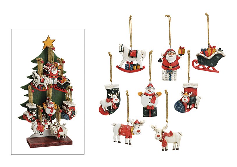 Weihnachtshänger aus Poly auf Baumständer, 8-fach, Rot/Weiß/Grün (B/H/T) 8x6x0.5cm