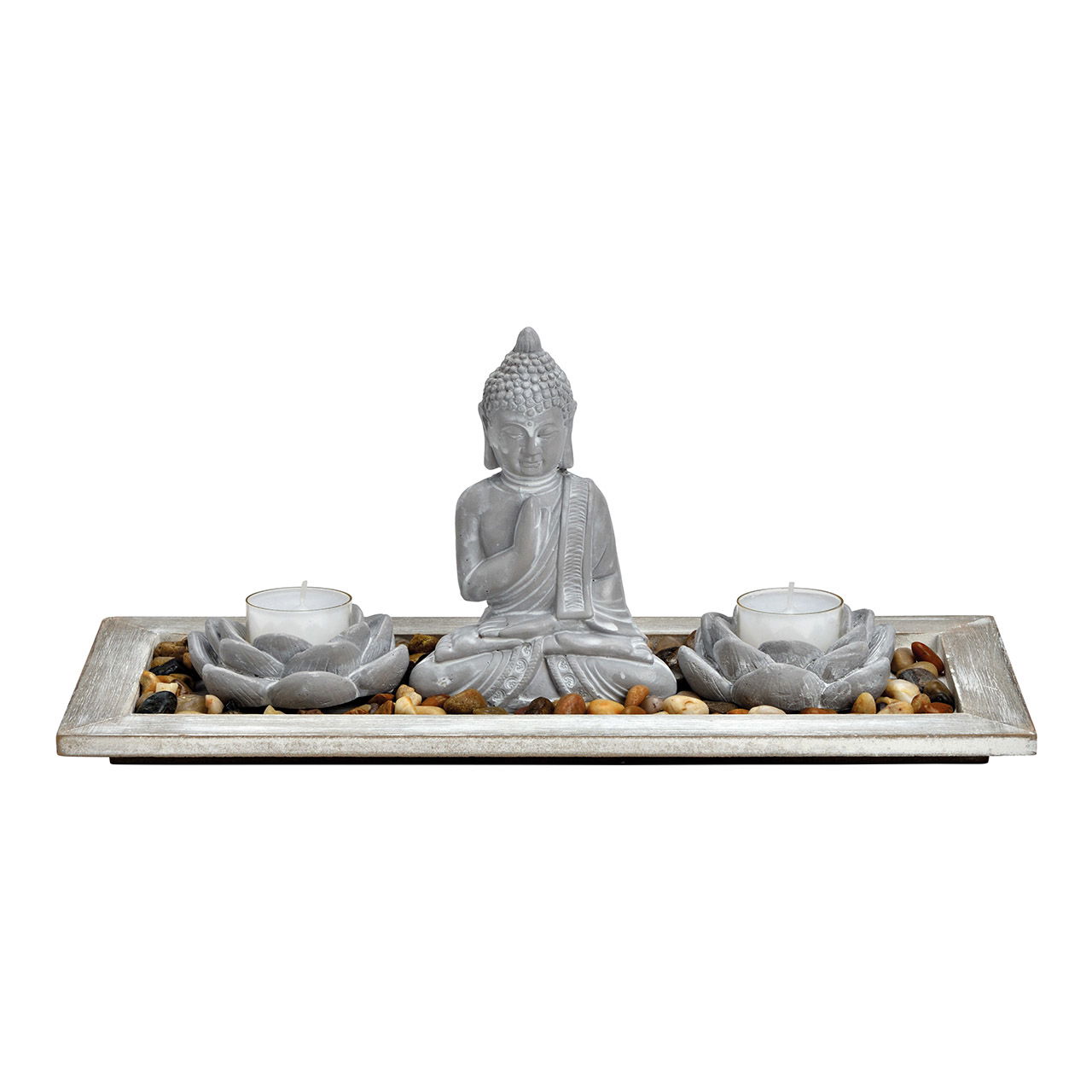 Buda con 2 portavelas, bandeja de madera, piedras decorativas de cemento gris (A/H/D) 33x14x14cm