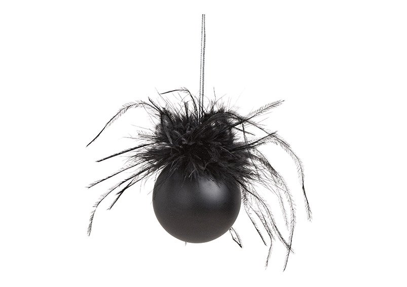 Xmas ball with feather decor, glass, black, 6x6x6cm