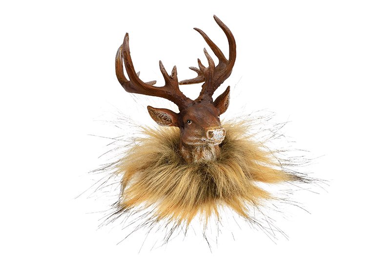Tête de cerf avec fausse fourrure en poly brun (L/H/P) 8x10x11cm