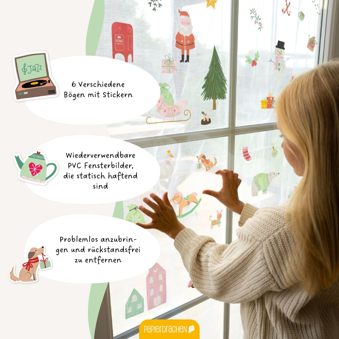 Fensterstickers, PVC Fensterbilder, Weihnachten, Transparente Fensterdeko, Wiederverwendbar