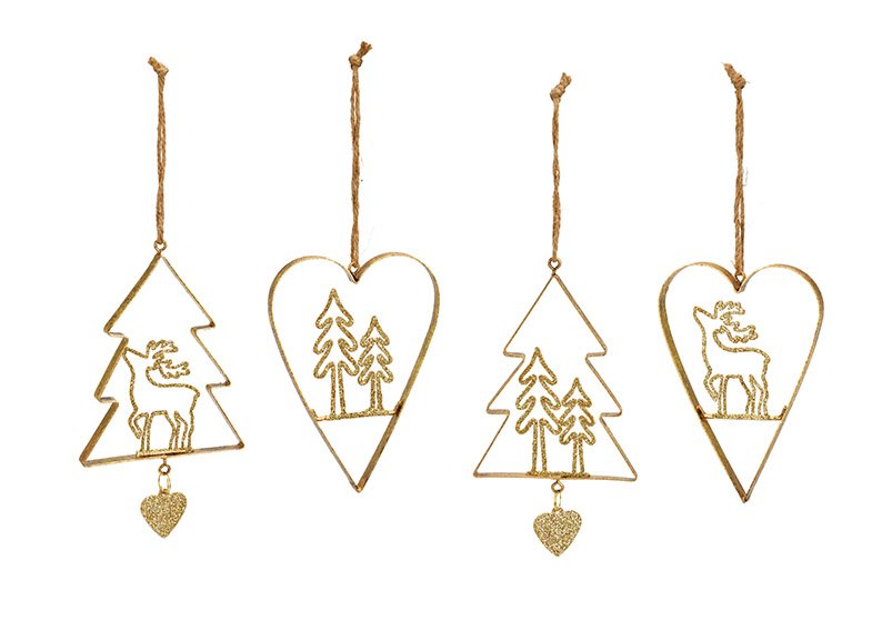 Kersthanger hart, dennenboom van metaal goud 4-voudig, (B/H/D) 9x12x0,7cm