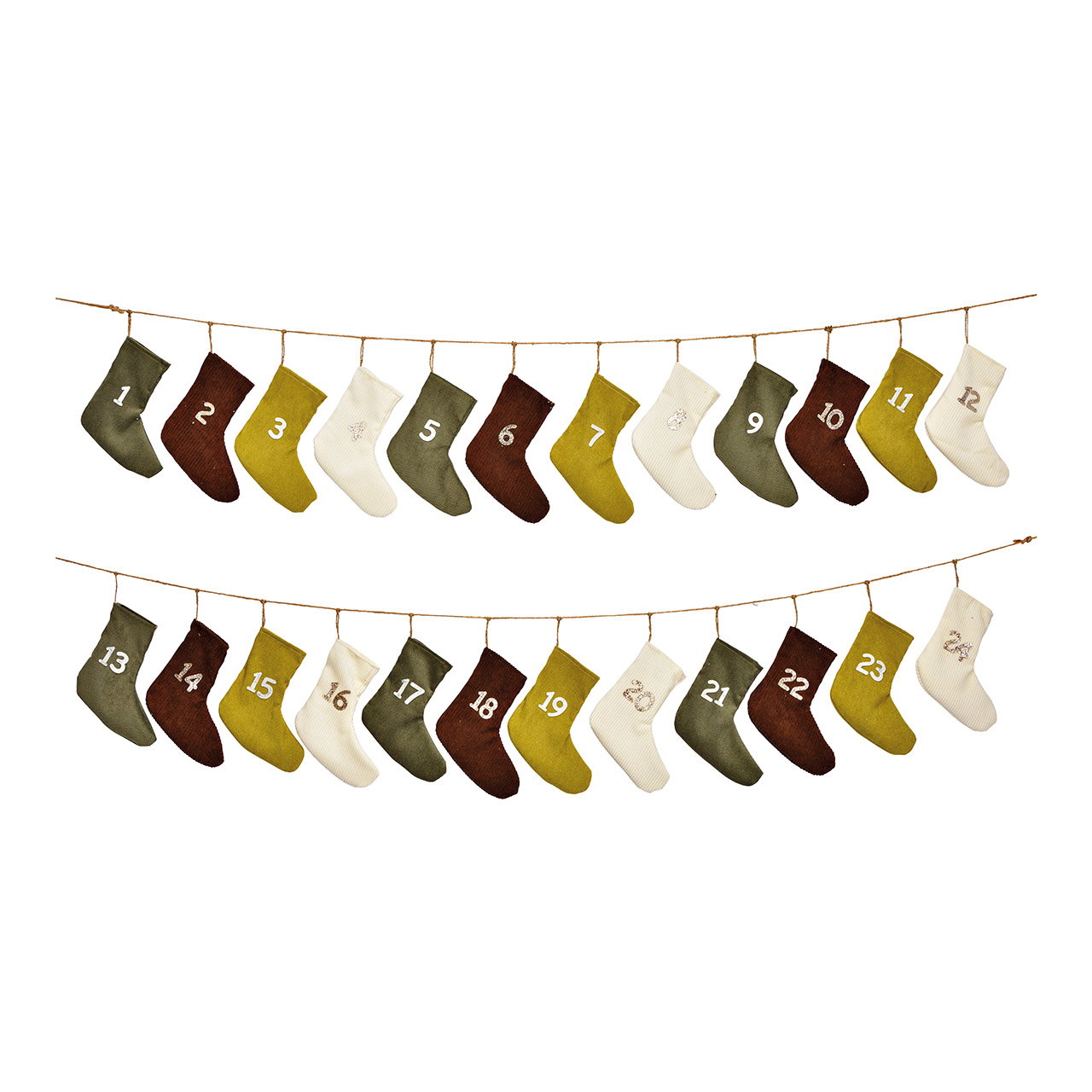 Adventskalender aus Textil, 24 Socken (B/H) 11x18cm, Grün/Schwarz/Gold/Weiß 270cm Adventskalender aus Textil, 24 Socken (B/H) 11x18cm, Grün/Schwarz/Gold/Weiß 270cm