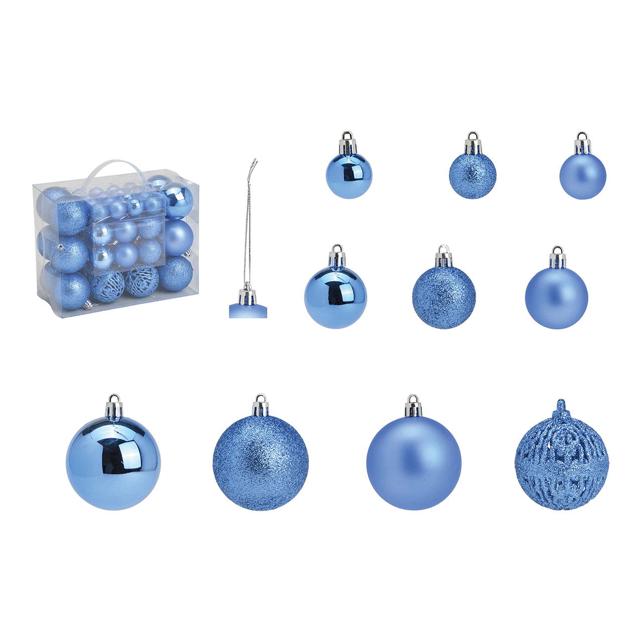 Weihnachtskugeln aus Kunststoff, 50er-Set, Königsblau Ø3/4/6cm (B/H/T) 23x18x12cm Weihnachtskugeln aus Kunststoff, 50er-Set, Königsblau Ø3/4/6cm (B/H/T) 23x18x12cm