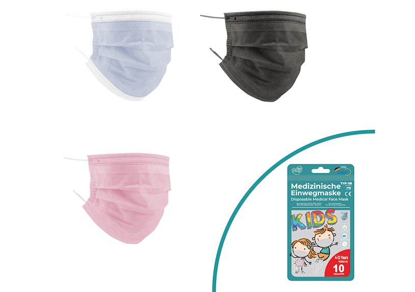 Medisch mond-neusmasker, mini, voor kinderen, 3-laags, 10 in een zakje gemaakt van polyester Grijs, roze, blauw 3-laags