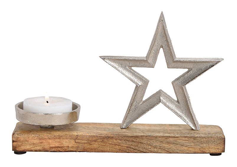 Candle holder, star, metal, mango wood, silver, 26x17x8cm