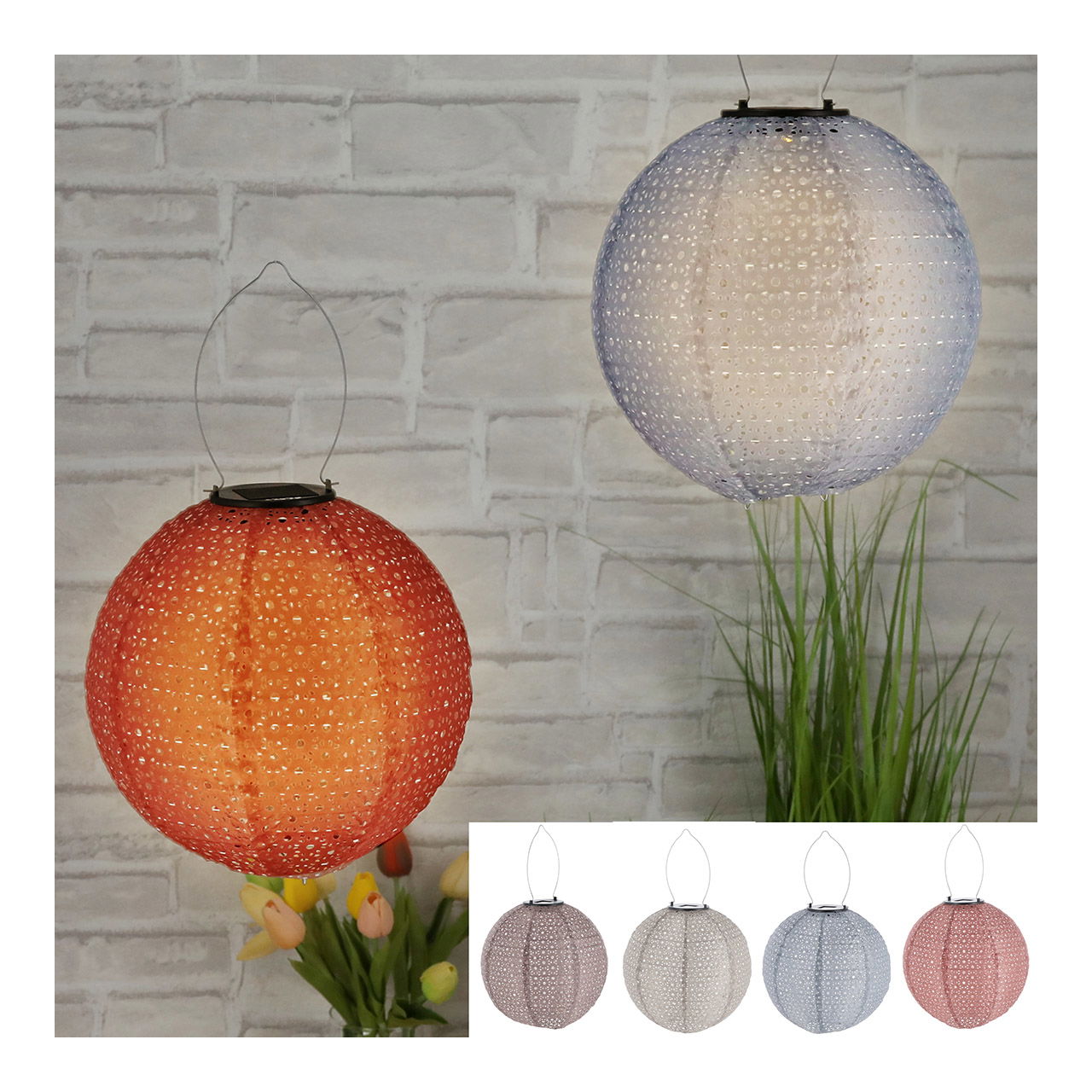 Lampion solaire LED rond en polyester rose/bleu/violet/blanc 4 fois, (L/H/P) 25x25x25cm