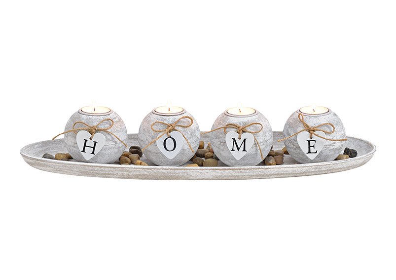 Portacandele per 4 candele su vassoio con pietre HOME, in MDF Bianco (L/H/D) 50x10x18cm