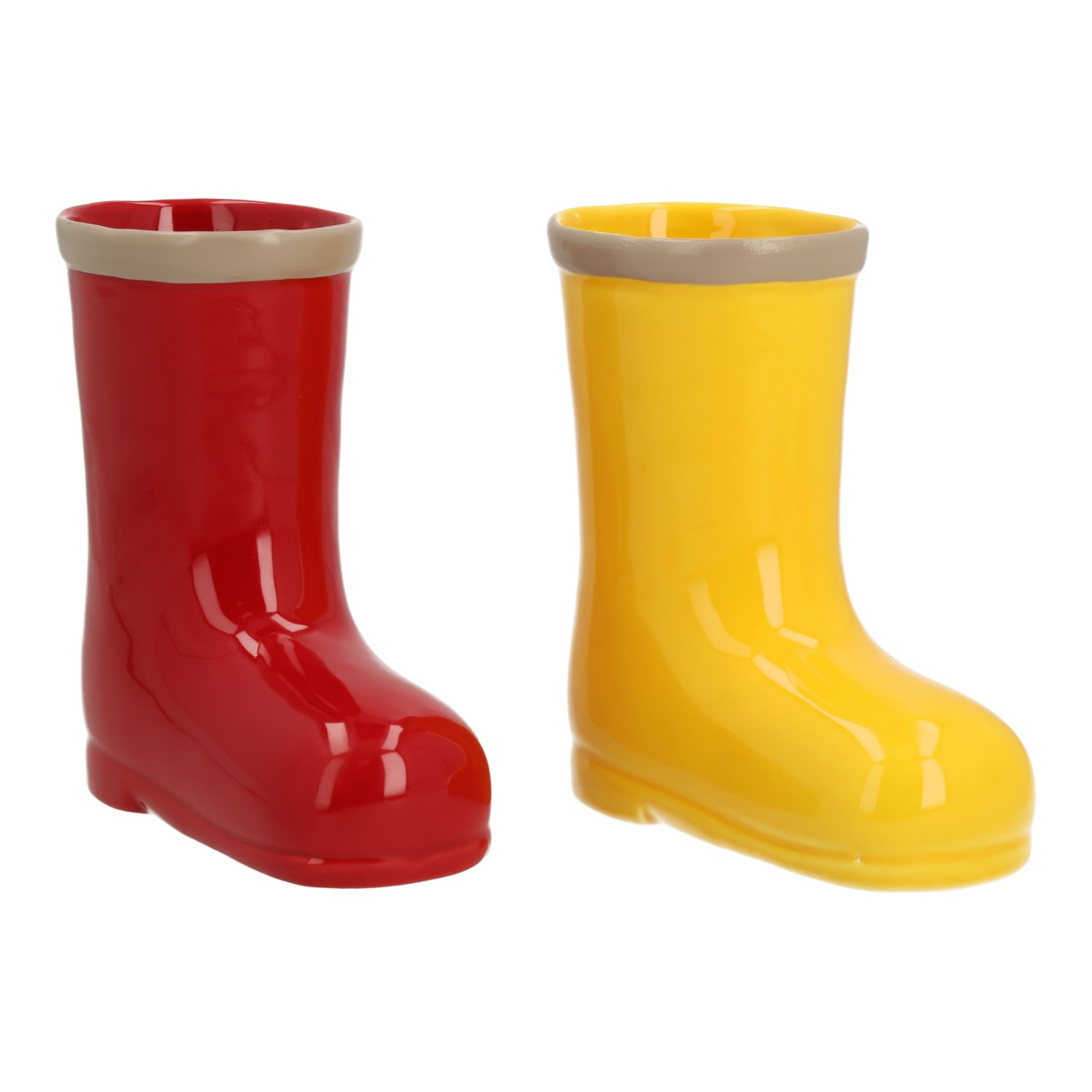 Bloempot-schoenen van keramiek, geel/rood, 2-delige set (B/H/D) 13x13x6 cm Gummistiefel, Kinderstiefel, rot, gelb, Regenstiefel