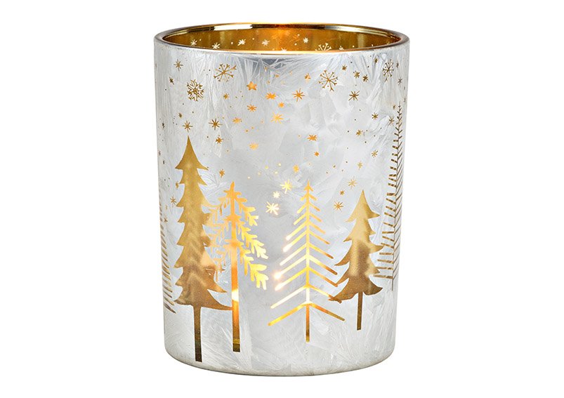 Windlicht Tannenbaum Dekor aus Glas Weiß, gold (B/H/T) 10x12x10cm