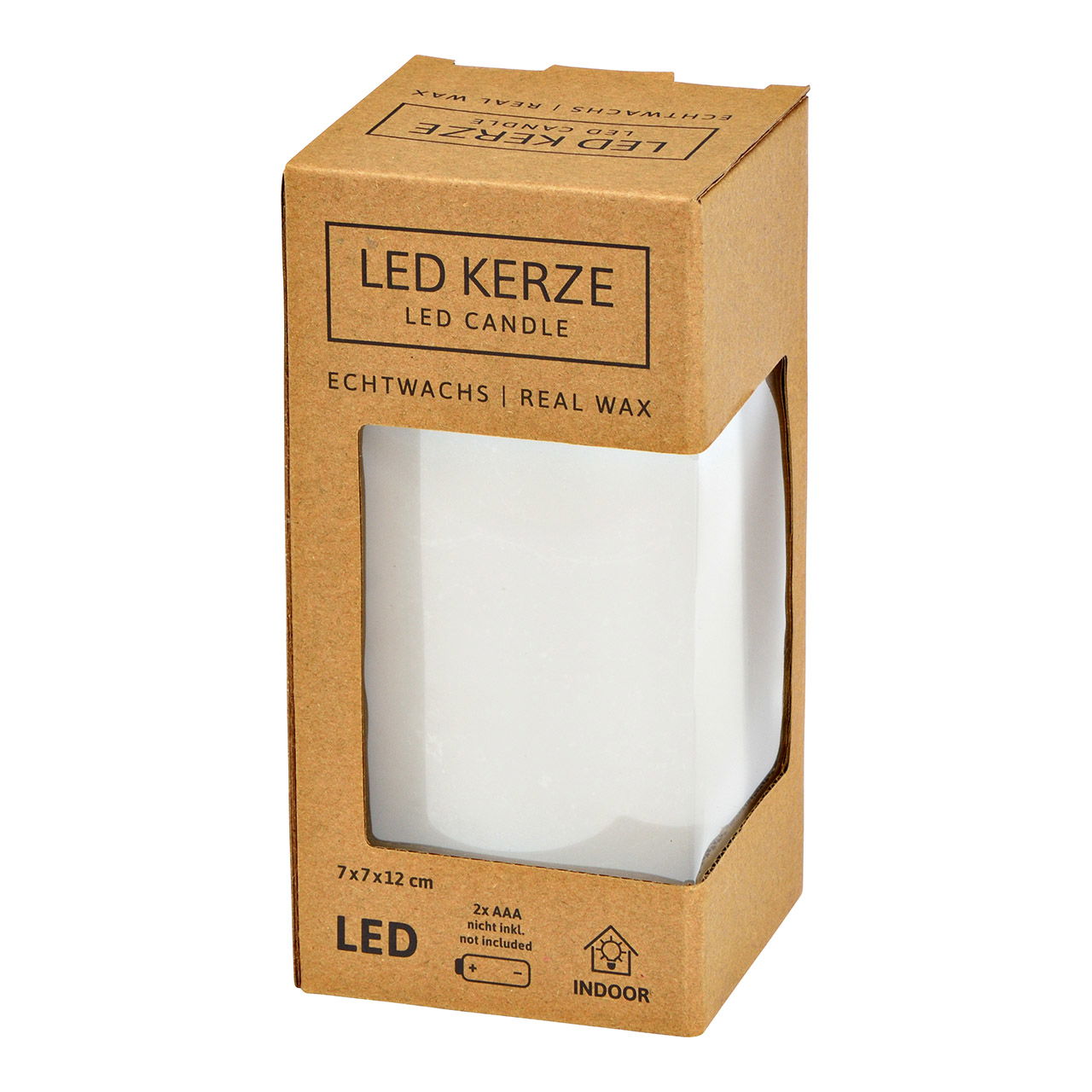 Candela LED bianca, luce intermittente, esclusiva 2xAA in cera (L/H/D) 7x12x7cm