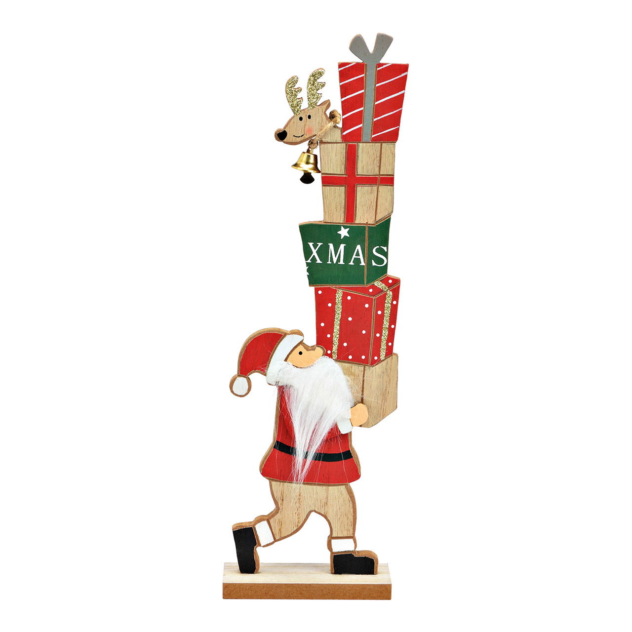 Kerstman met cadeautjes van hout gekleurd (B/H/D) 9x30x4cm