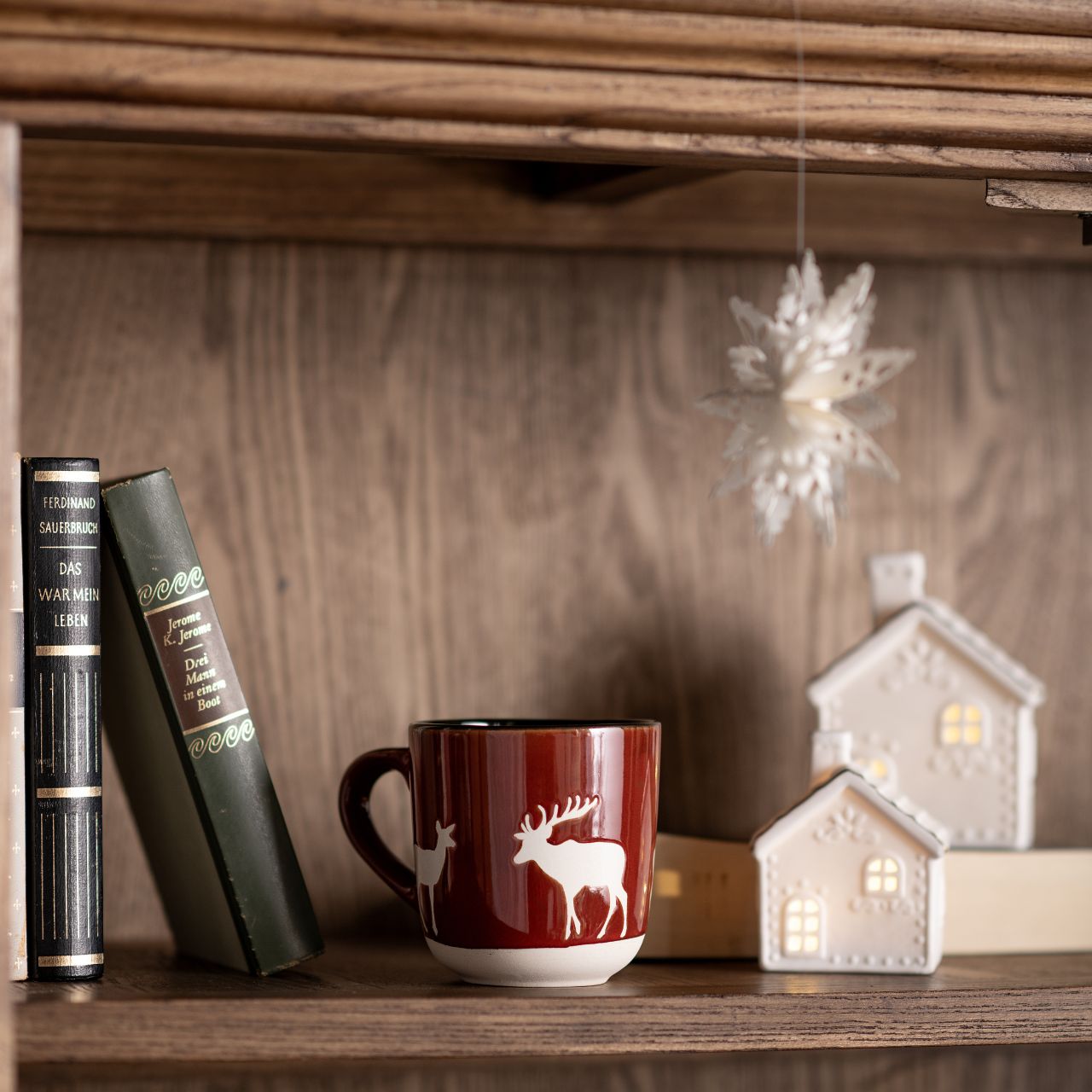 Mug deer, winter forest decor, made of stoneware brown, green 2-fold, (W/H/D) 13x10x9cm 420ml Pokal, Mobiliar
