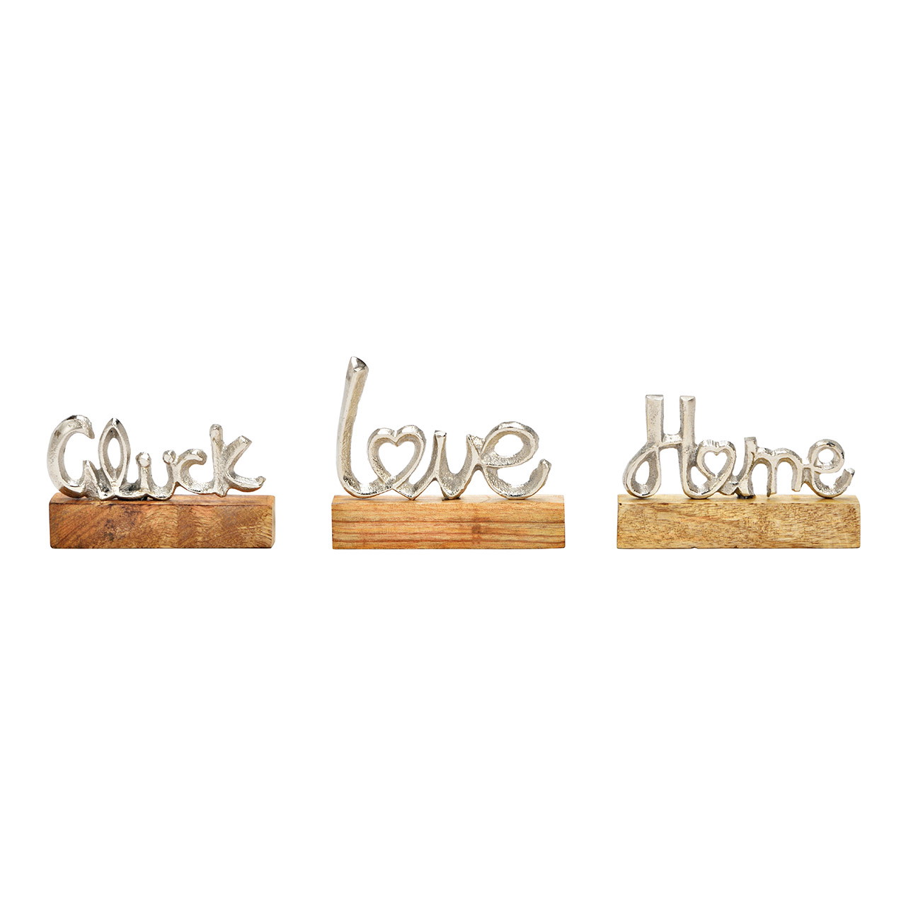 Présentoir écriture, Home, Love, Glück, sur socle en bois de manguier en métal argenté 3 fois, (L/H/P) 11x9x2cm Présentoir écriture, Home, Love, Glück, sur socle en bois de manguier en métal argenté 3 fois, (L/H/P) 11x9x2cm