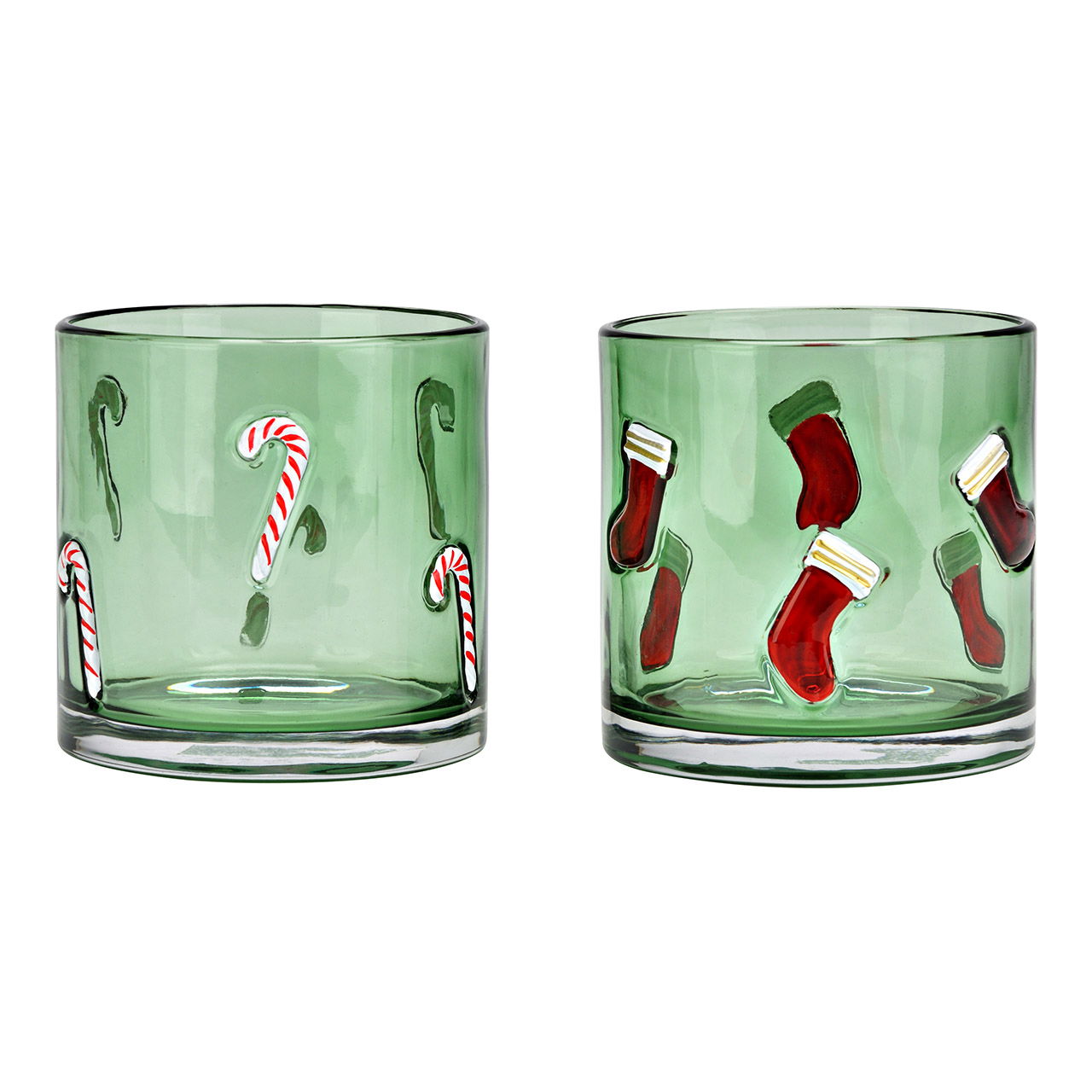 Windlicht Zuckerstangen/Nikolausstiefel Dekor aus Glas, 2-fach, Grün/Rot (B/H/T) 10x10x10cm