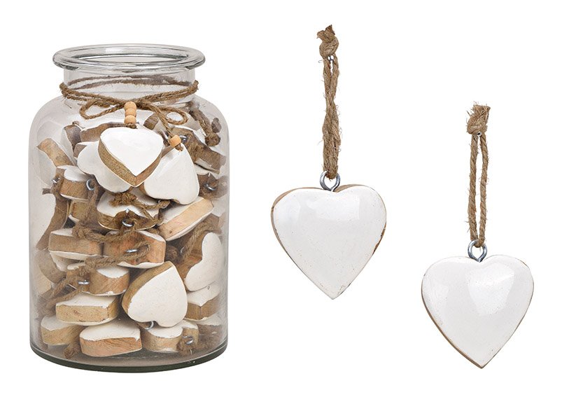 Hanger heart mango wood white, 5x5x3cm 60 pcs. in a jar 16x26x16cm