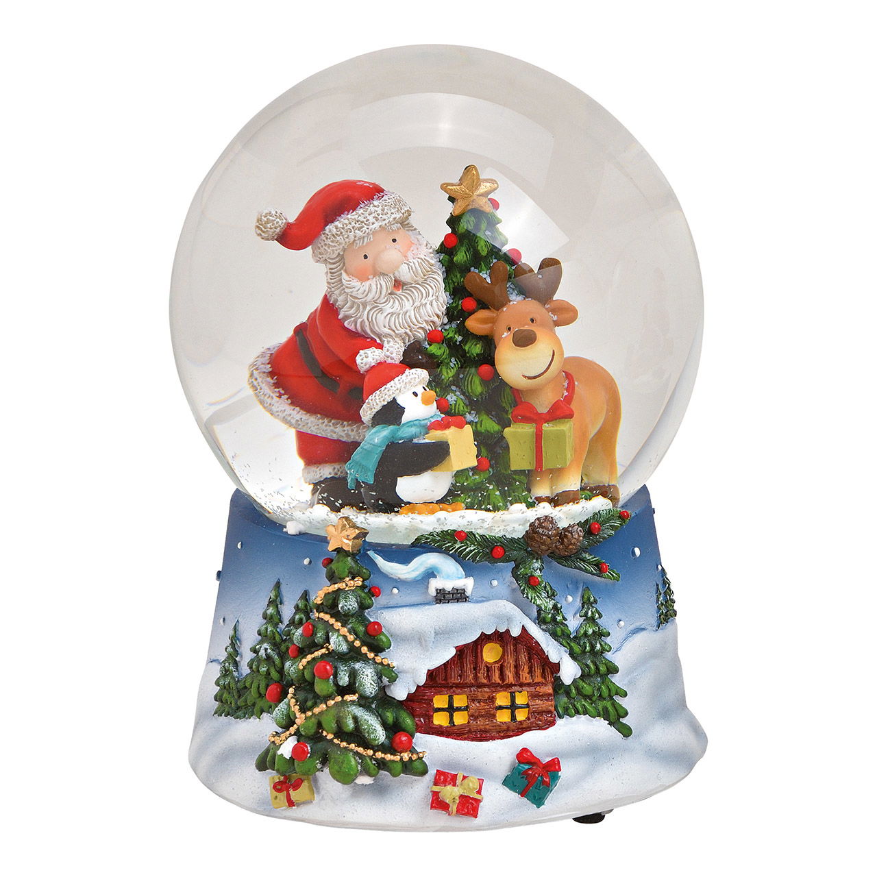 Muzikale klok, sneeuwbol kerstman met pinguïn gemaakt van poly, gekleurd glas, (B/H/D) 10x14x10cm Muzikale klok, sneeuwbol kerstman met pinguïn gemaakt van poly, gekleurd glas, (B/H/D) 10x14x10cm