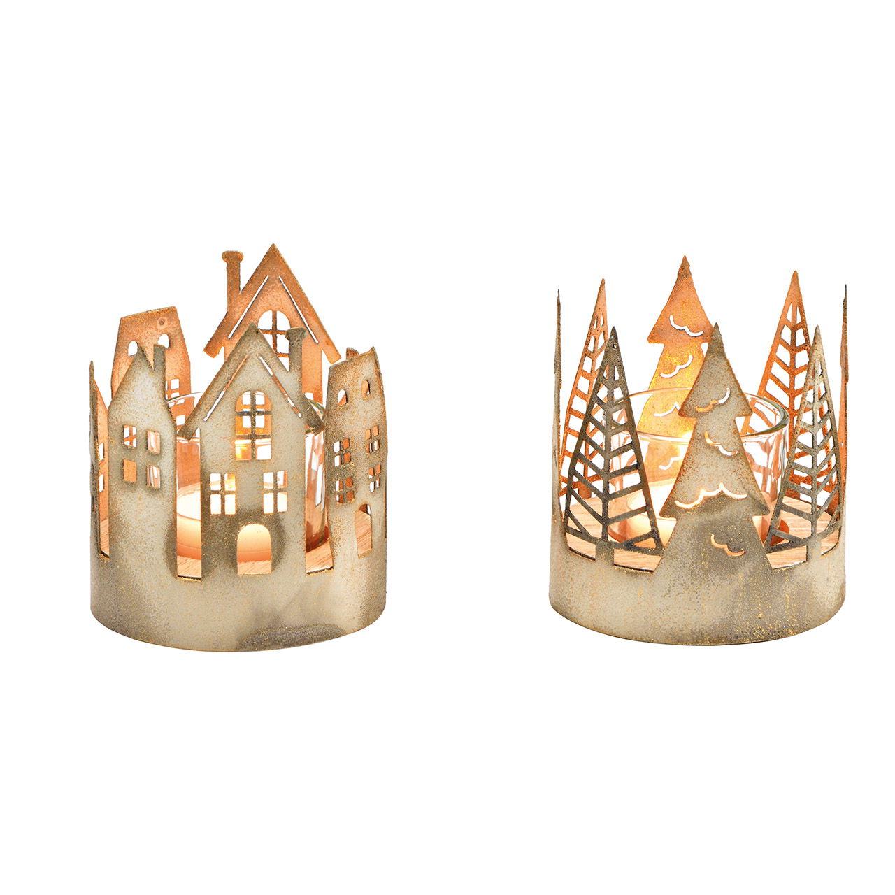 Wind light houses, fir tree decor of metal, wood, glass champagne 2-fold, (W/H/D) 8x9x8cm