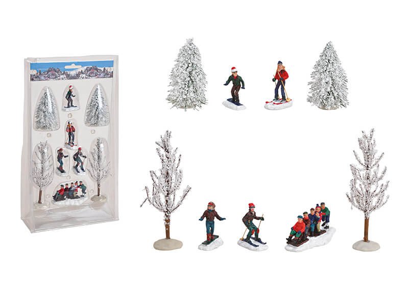 Miniatur Set Skifahrer, Baum 5-15cm H aus Kunststoff Bunt 9er Set, (B/H/T) 21x40x8cm