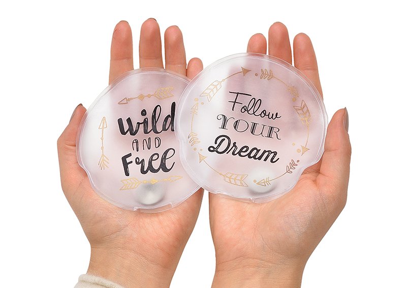 Scaldino tascabile detti -Wild and Free- + -Follow your dream- in plastica Nero 2 pieghe, (L/H/D) 9x9x1cm