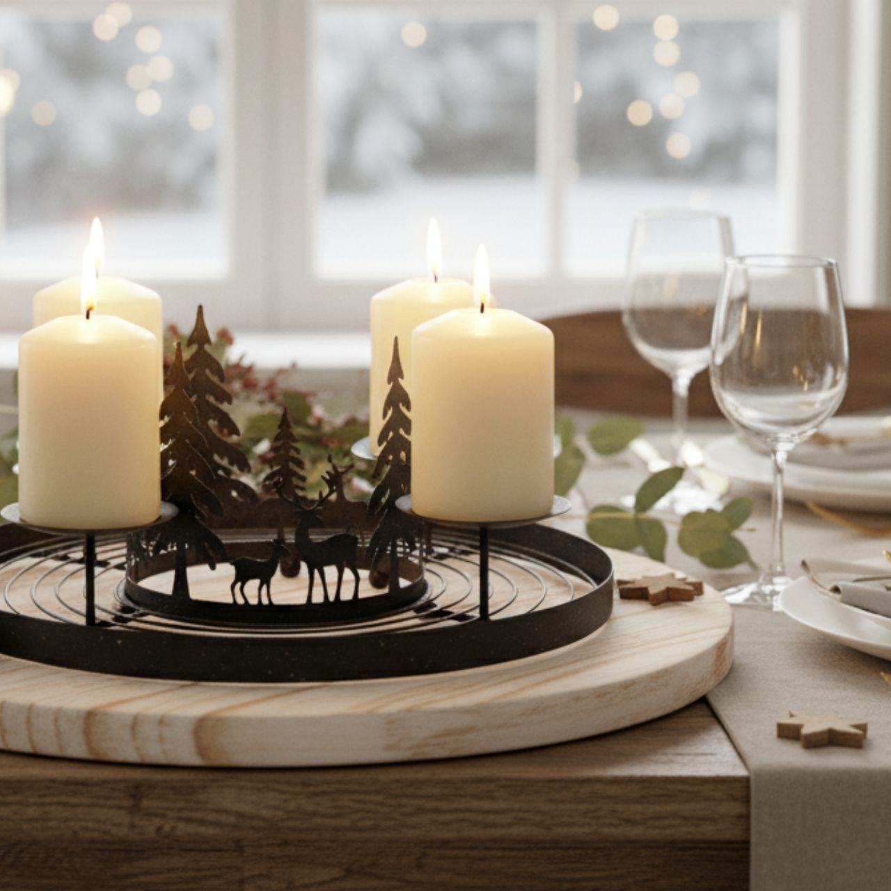 Adventskranz mit Winterwald Dekor aus Metall, Schwarz (B/H/T) 30x13x30cm Kerze