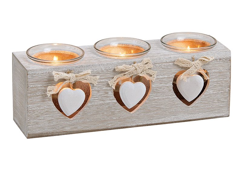 Bougeoir 3 cœurs décor bois, verre blanc (L/H/P) 24x8x7cm