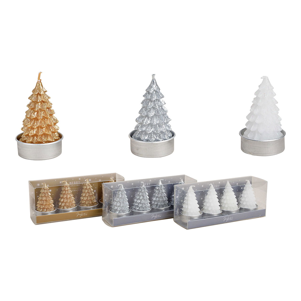 Tealight set, fir tree 4x6x4cm, made of wax white, gold, silver set of 4, 3-fold, 18x7x5cm