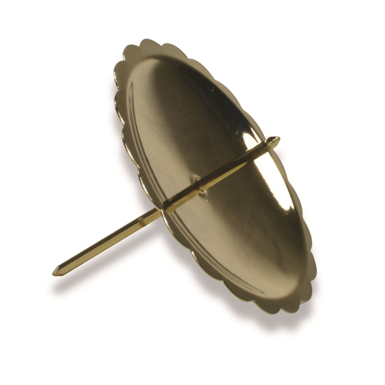 RW_10700 Kerzenhalter-Spieß aus Metall Gold 4er Set (B/H/T) 6x4x6cm goldenen Brosche, Metallstift, gezackter Rand, runder Scheibe, Rückseite_PIN