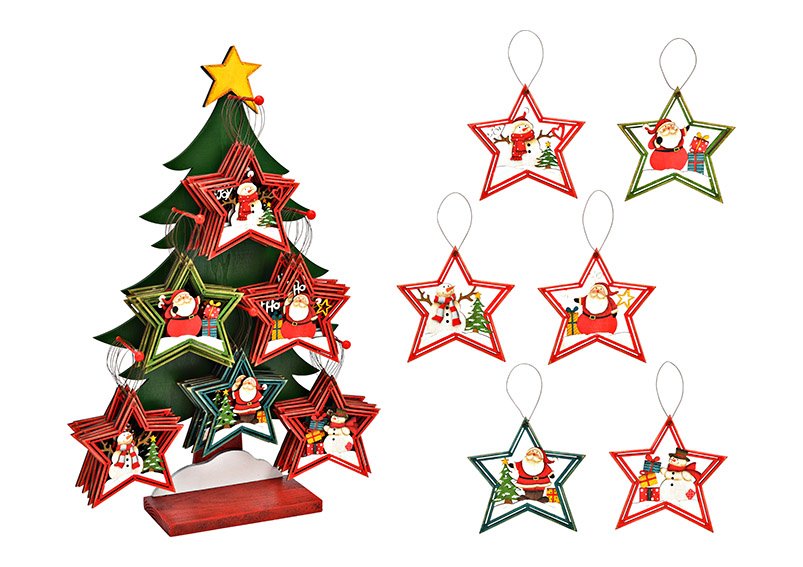 Appendino natalizio in legno Stella colorata a 6 pieghe, (L/A) 13x14cm su supporto per albero 34x58x10cm