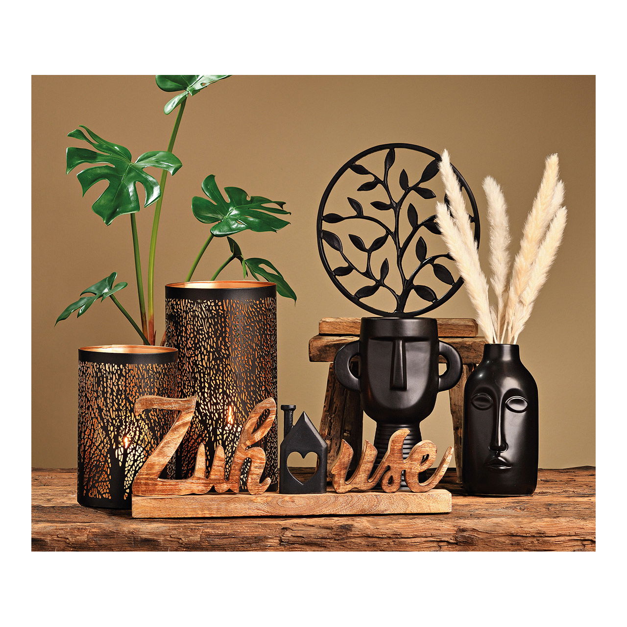 Wind light set, metal tree decor black set of 3, (W/H/D) 15x28x15cm 13x20x13cm 10x16x10cm Lampe, Zylinder