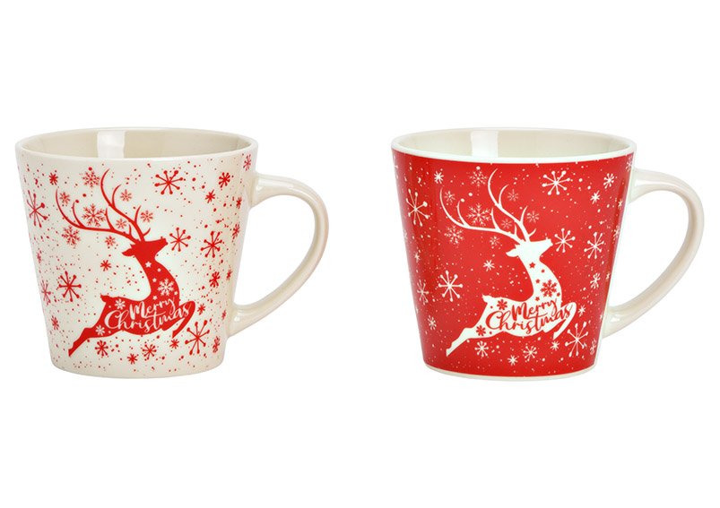 Gobelet Merry Christmas, décor cerf, en porcelaine rouge 2 fois, (L/H/P) 13x9x9cm 340ml
