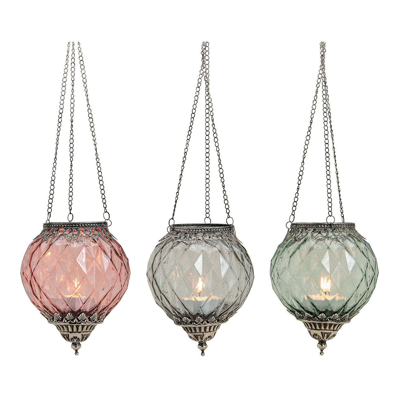 Windlicht om op te hangen glas/metalen ketting 30cm gemaakt van glas grijs/roze/groen (B/H/D) 15x19x15cm Windlicht om op te hangen glas/metalen ketting 30cm gemaakt van glas grijs/roze/groen (B/H/D) 15x19x15cm