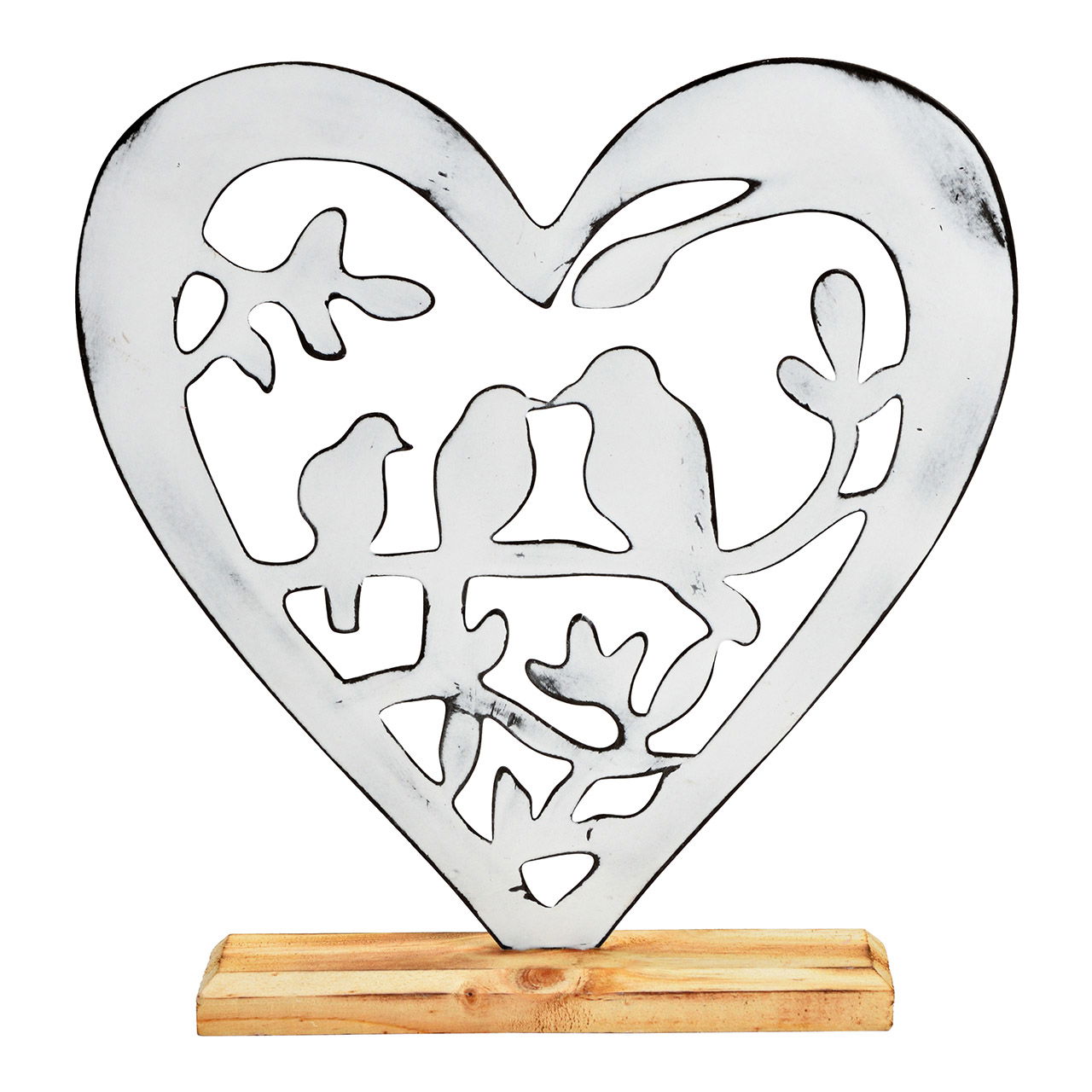 Cuore da esposizione, decorazione per uccelli, su base di legno, in metallo bianco (L/H/D) 23x23x5cm