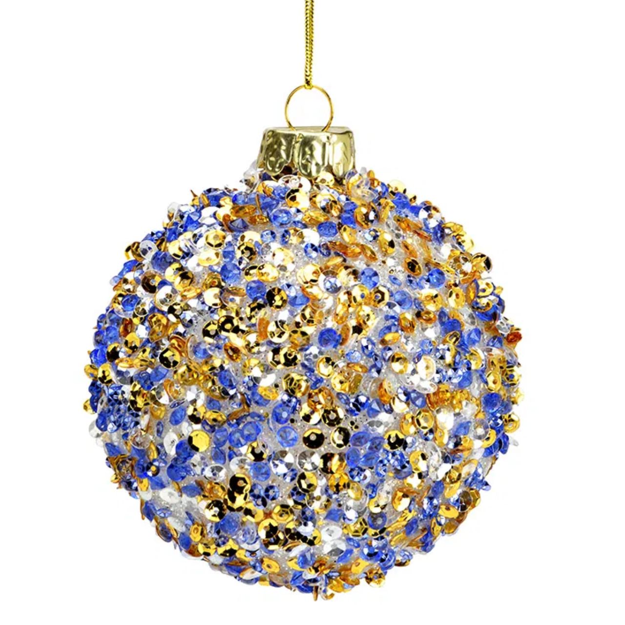Glasornament, Kugelanhänger, Blau-Gold, Glitzer, Weihnachtsdekoration