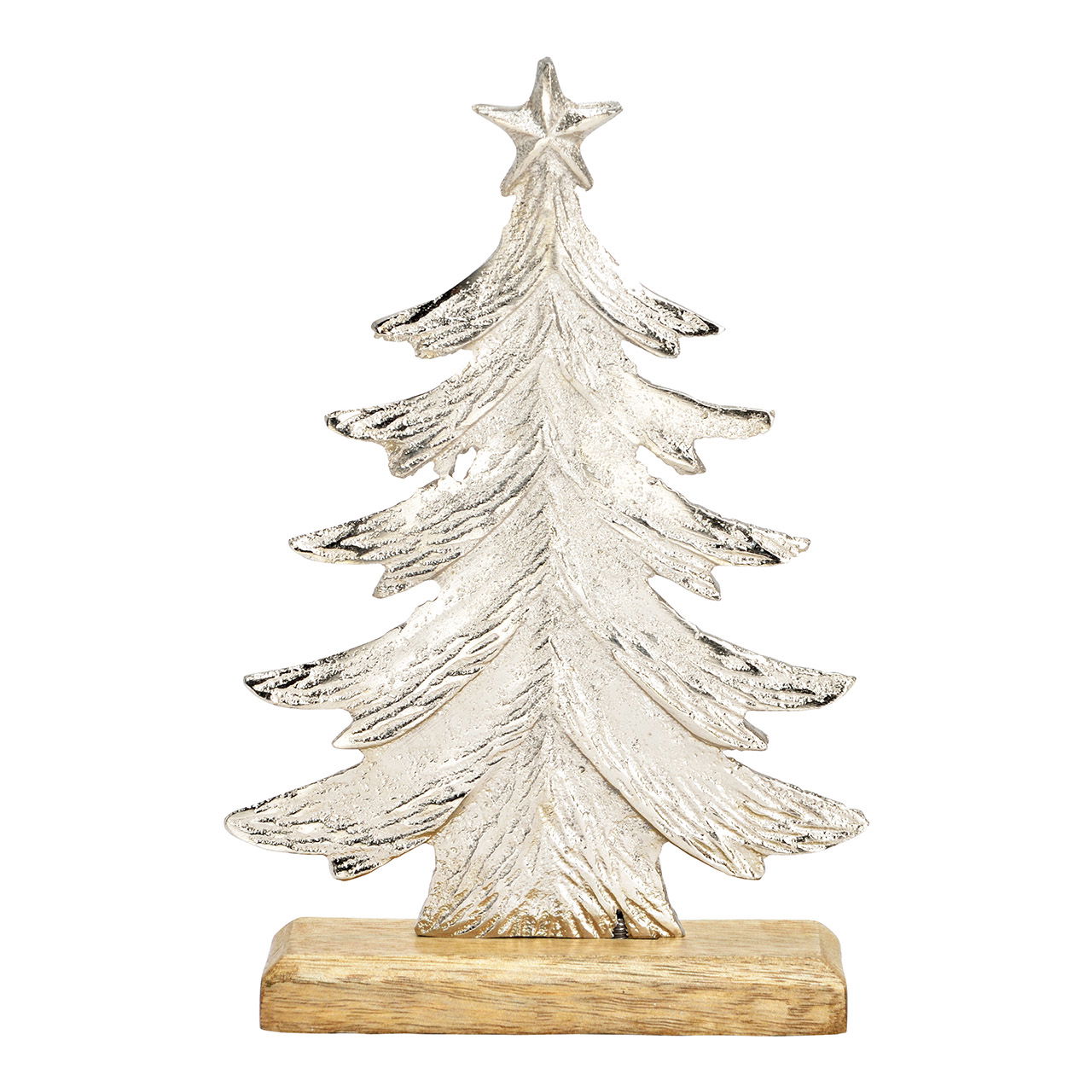 Aufsteller Tannenbaum auf Mangoholzsockel aus Metall silber (B/H/T) 14x21x5cm