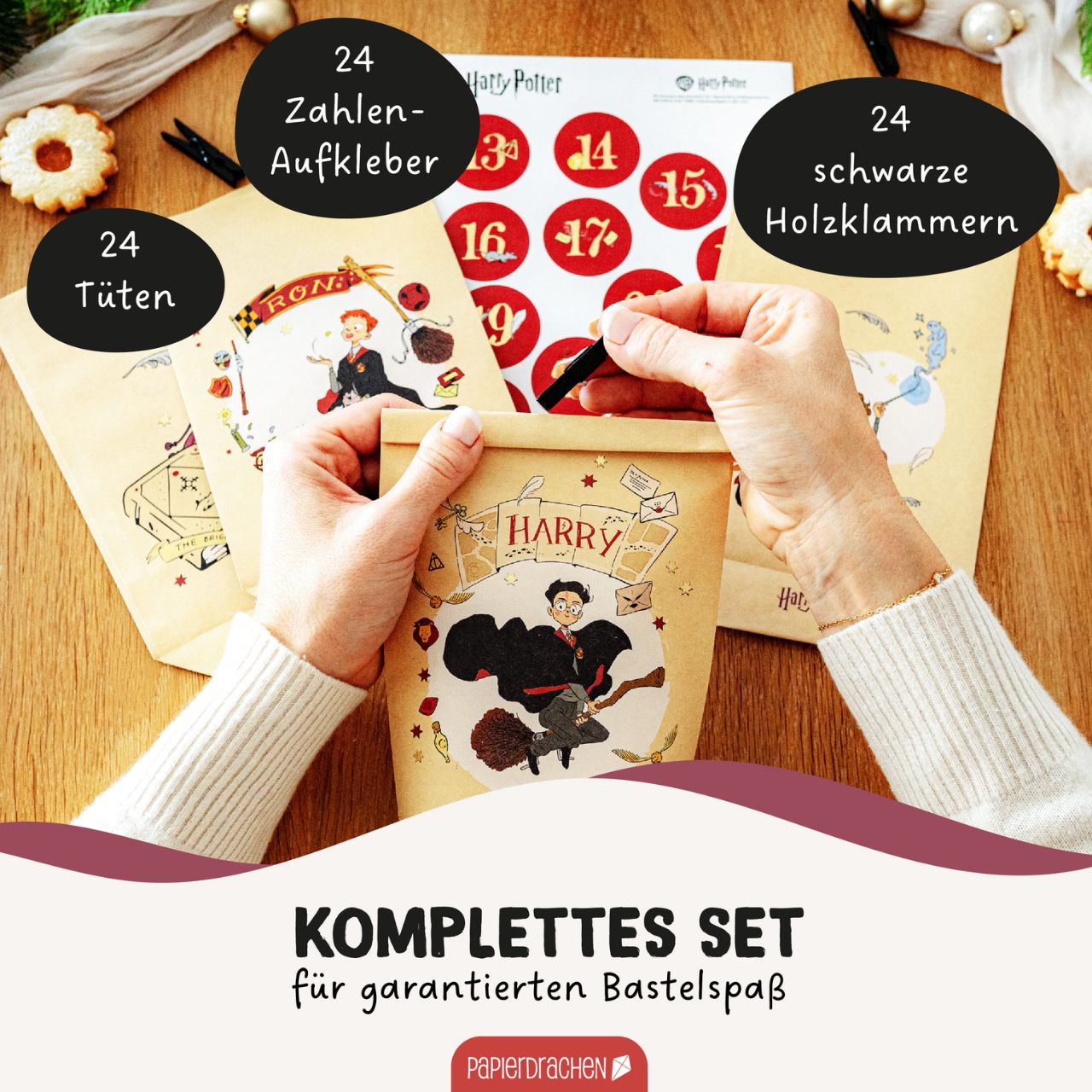 Sacchetti per calendario dell'Avvento – Carta da imballaggio Harry Potter in carta/cartoncino colorato, set da 24 pezzi (L/A/P) 19x22x1 cm Geschenkset, Bastelmaterial, Harry Potter, Kartenaufkleber, Schachtel/Tüte
