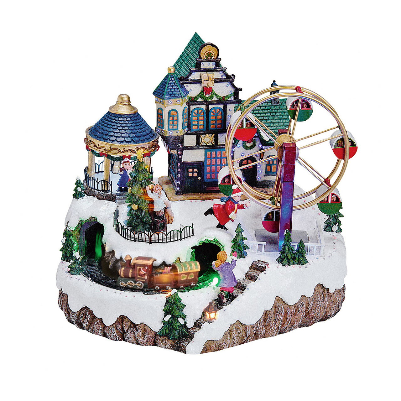 Scène hivernale avec musique et mouvement. Train, roue, arbre en poly, L34 x P26 x H29 cm Weihnachtslandschaft, Weihnachtsdiorama, Pferdeschlitten, Ferris-Rad, Schneelandschaft