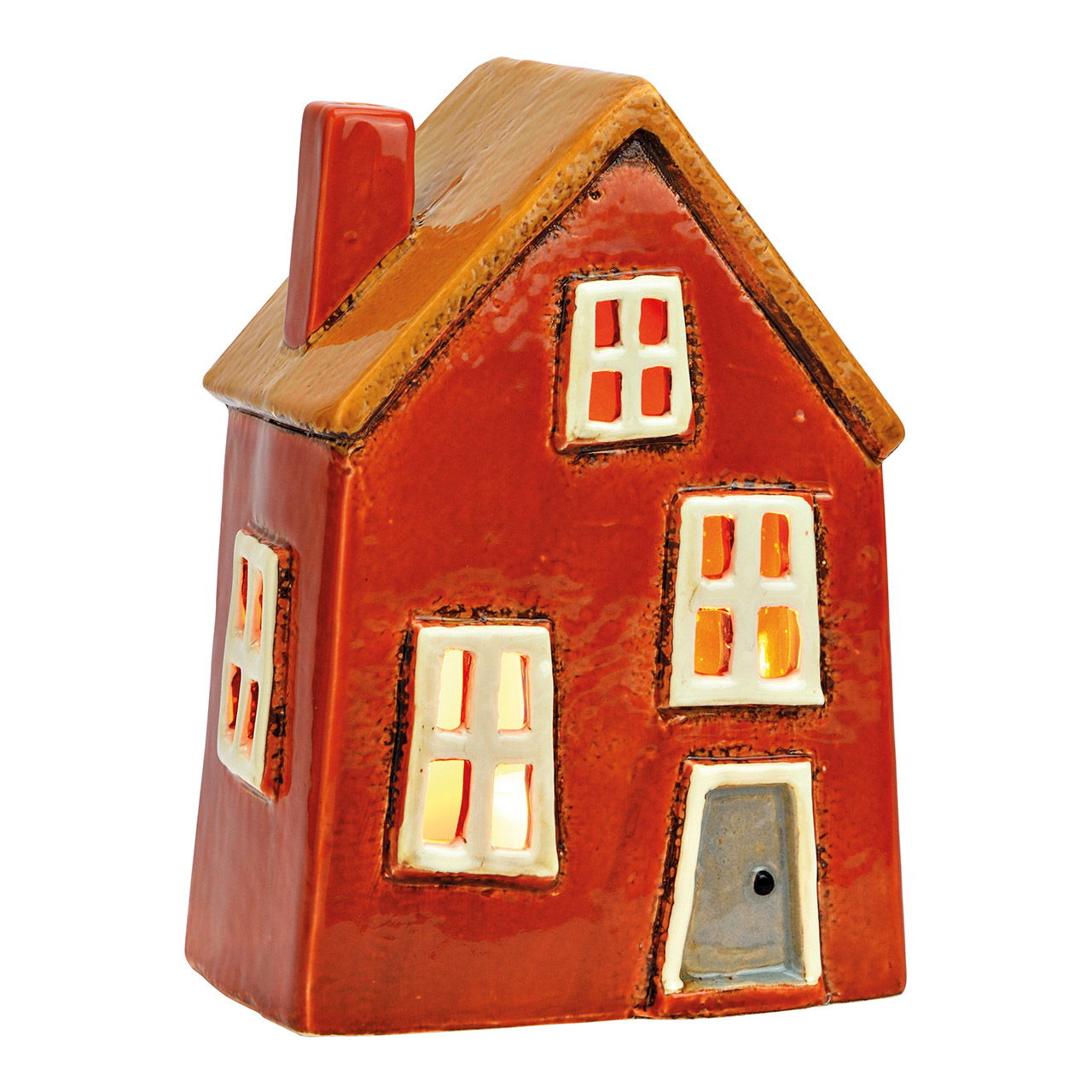 Windlicht Haus aus Steingut, Rot/Braun (B/H/T) 13x18x9cm